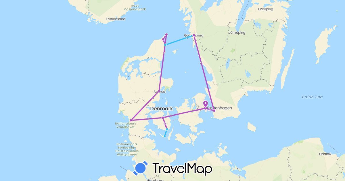 TravelMap itinerary: plane, train, boat in Denmark, Sweden (Europe)